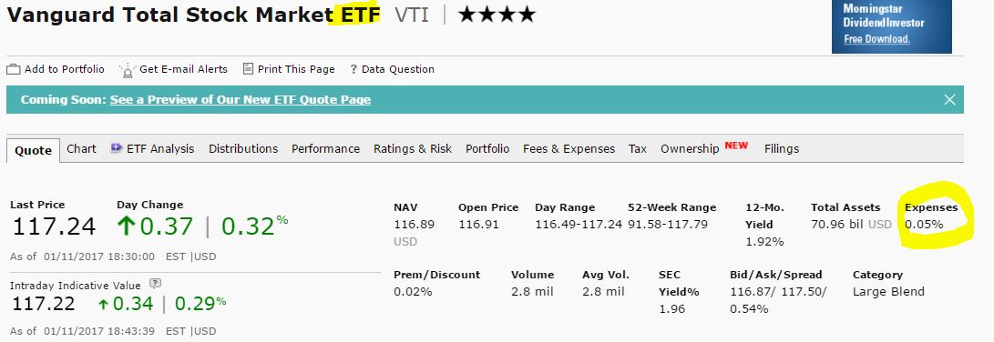 vanguard total stock market etf expense ratio